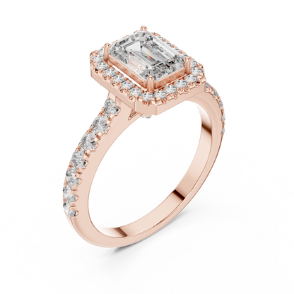 Royal Emerald Cut Diamond Ring – Designer Halo Gold Ring.