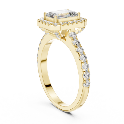 Royal Emerald Cut Diamond Ring – Designer Halo Gold Ring.
