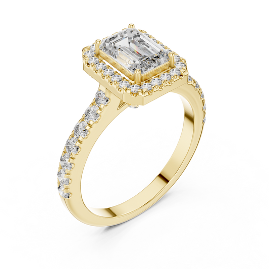 Royal Emerald Cut Diamond Ring – Designer Halo Gold Ring.