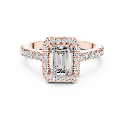 Royal Emerald Cut Diamond Ring – Designer Halo Gold Ring.
