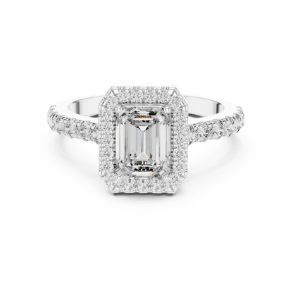 Royal Emerald Cut Diamond Ring – Designer Halo Gold Ring.