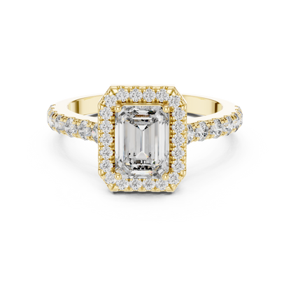 Royal Emerald Cut Diamond Ring – Designer Halo Gold Ring.