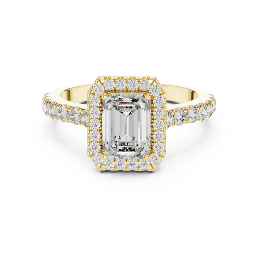 Royal Emerald Cut Diamond Ring – Designer Halo Gold Ring.