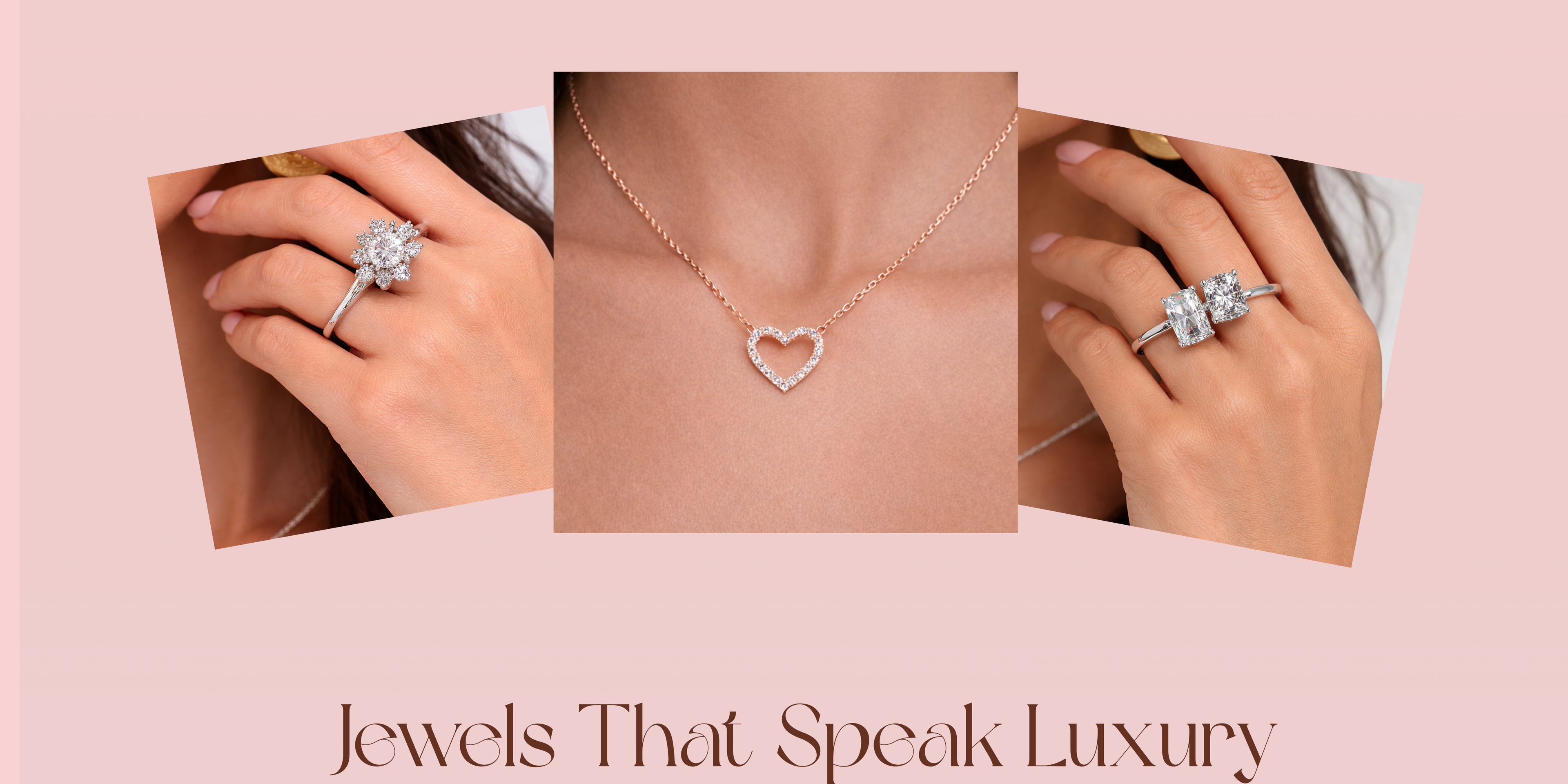 Collage of jewelry including rings and a necklace on a pink background with text 'Jewels That Speak Luxury'.