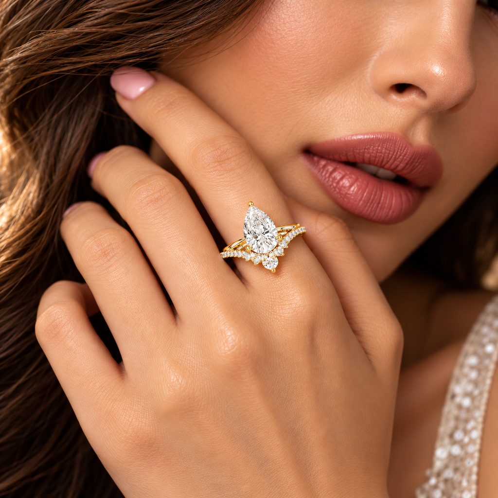 Pear Cut Lab Grown Diamond Floral Halo Engagement Ring