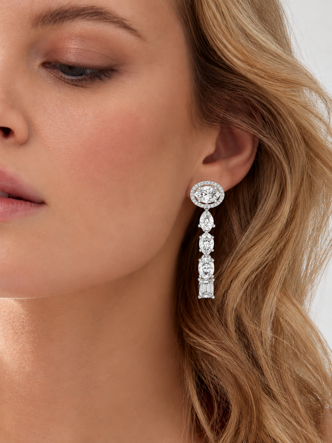 Harmonelle Oval Halo and Mixed Cut Lab Grown Diamond Long Drop Earrings