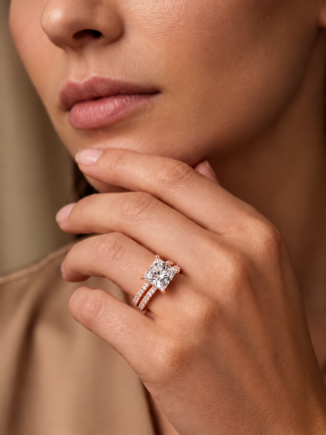 Ein brillanter Diamant im Princess-Schliff auf einem skulpturalen doppelreihigen Band