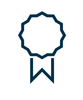 Blue icon resembling a ribbon with a letter 'W' on a white background