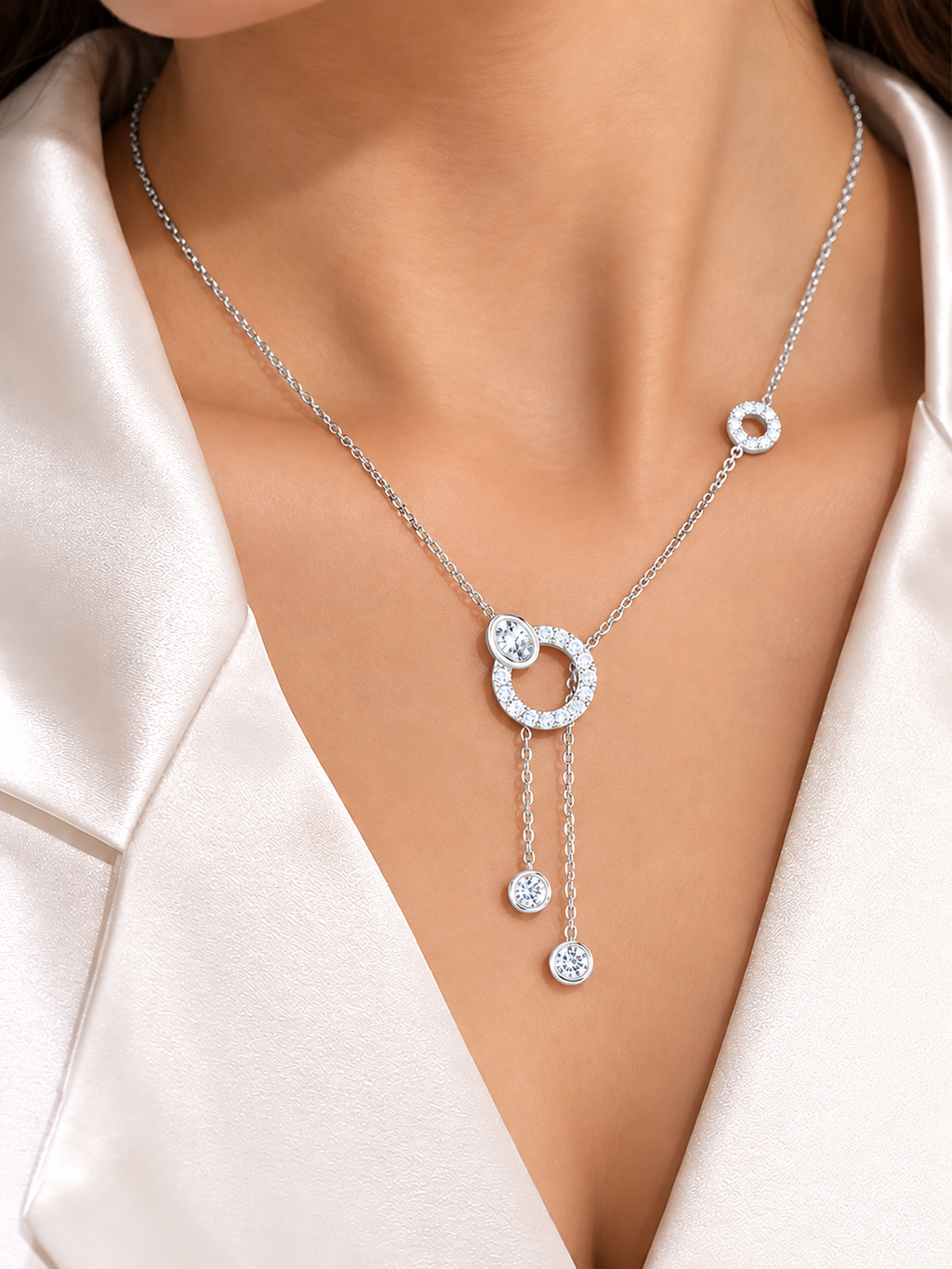 Elegant Rose Gold Diamond Circle Drop Lariat Necklace