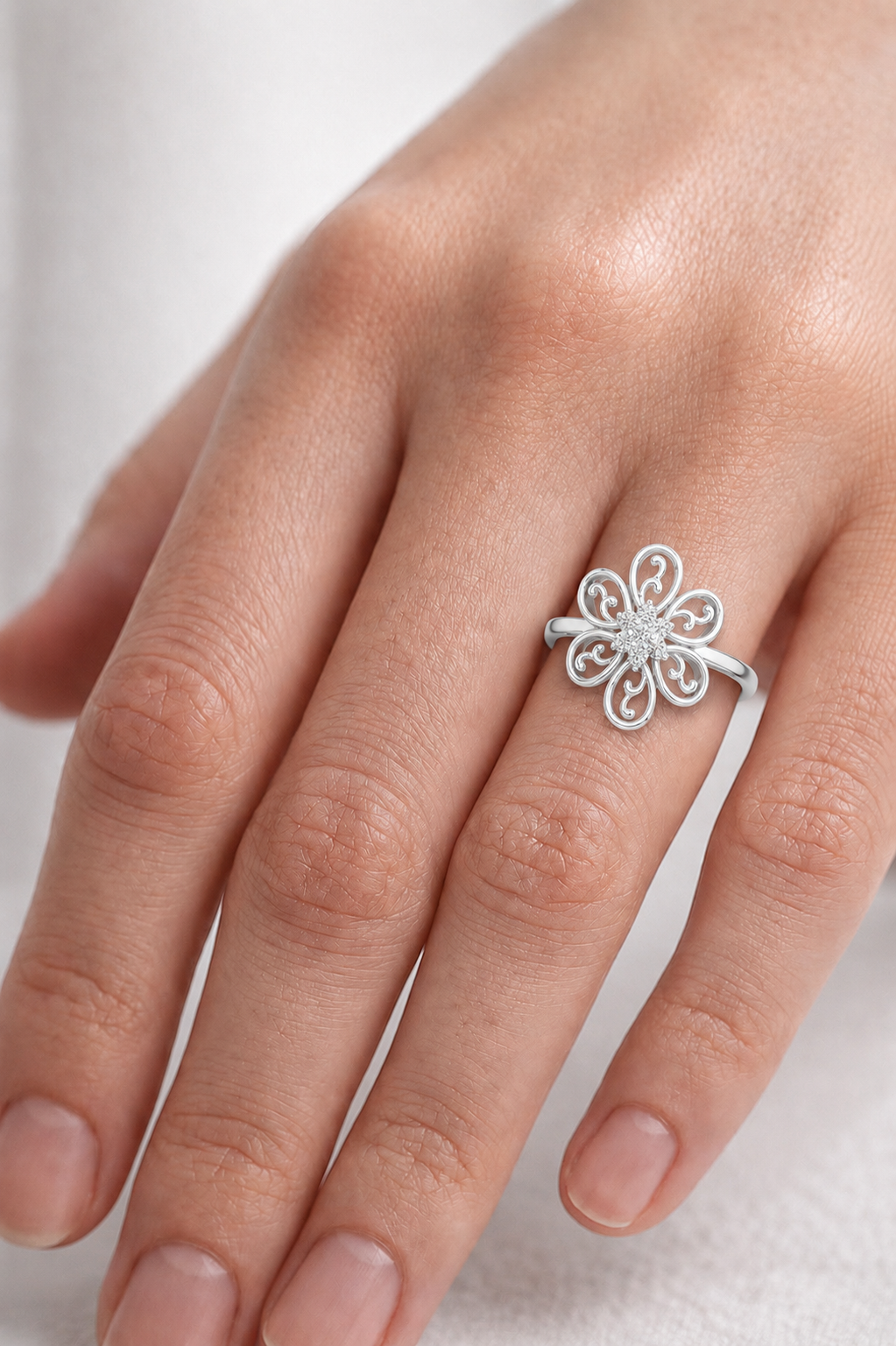 Elegant Flower Diamond Ring | Scroll Motif Statement Jewelry | Women's Fashion Ring