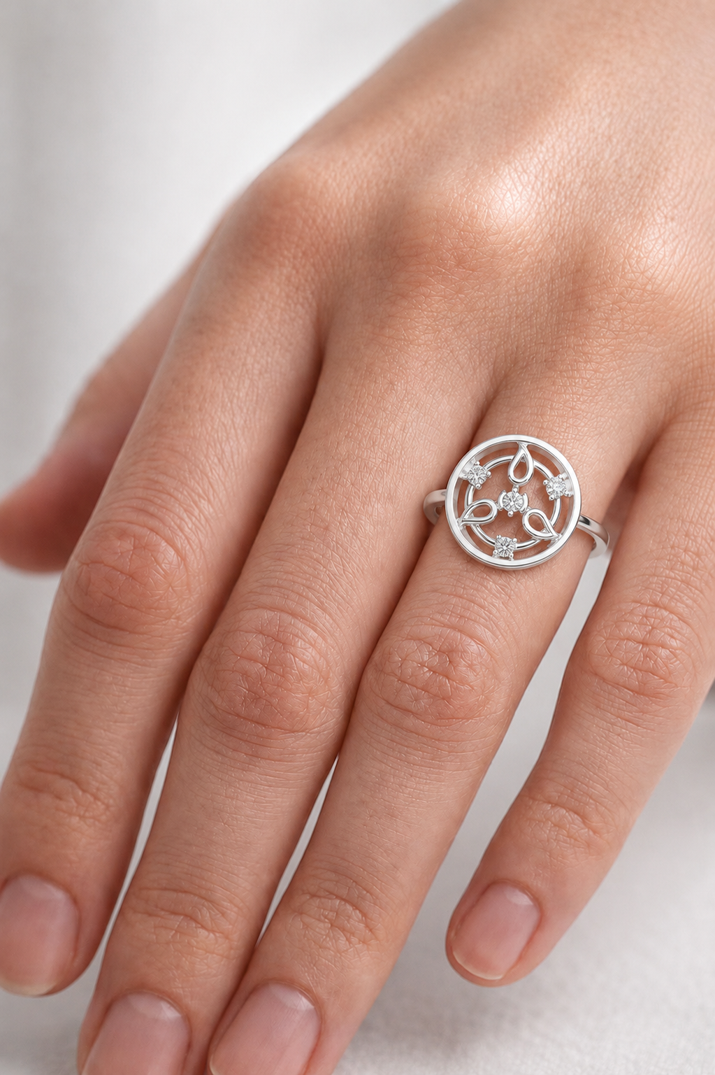 Diamond Halo Floral Ring | Open Circle Statement Ring for Women.