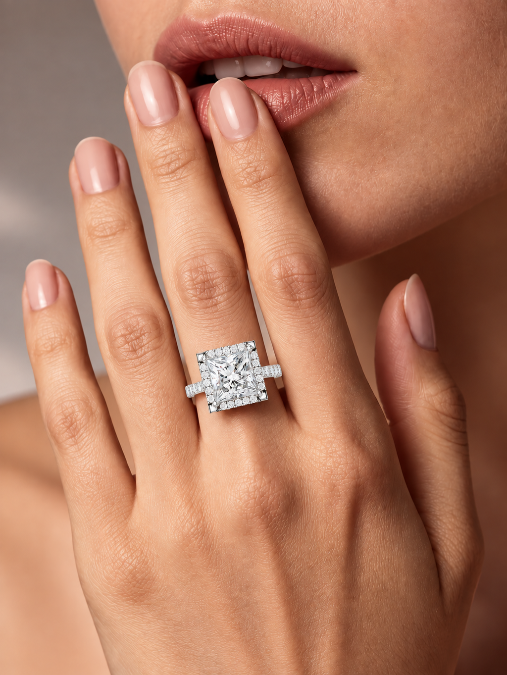 Prinzessschliff mit Brillant-Halo und funkelnder Ringschiene