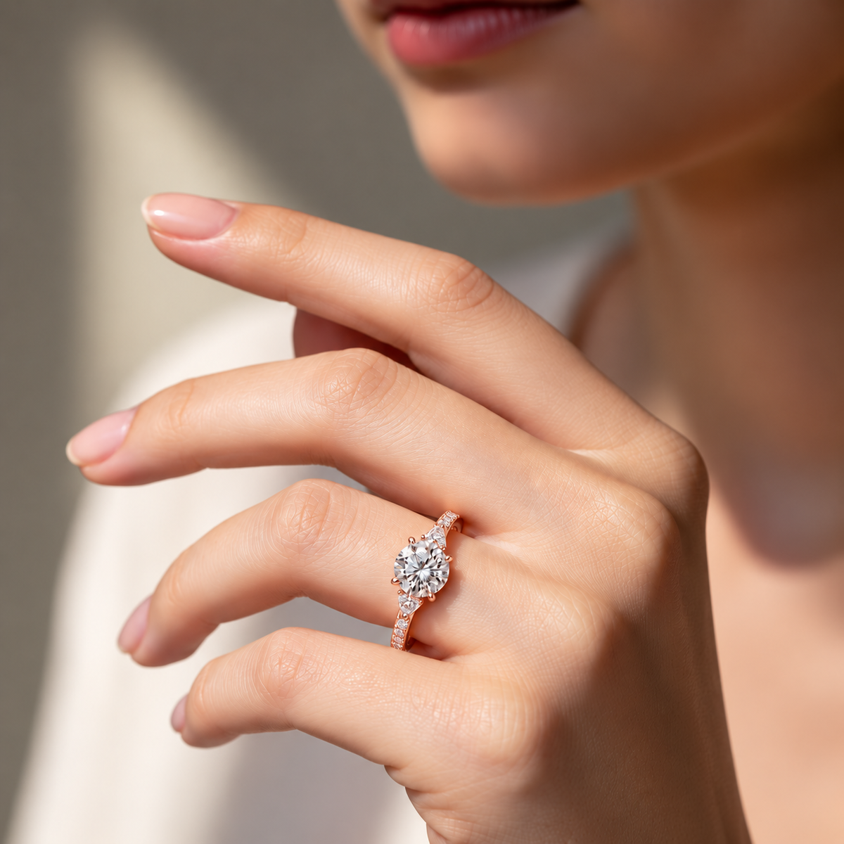 Brilliant Halo Lab Grown Diamond Three-Stone Engagement Ring.