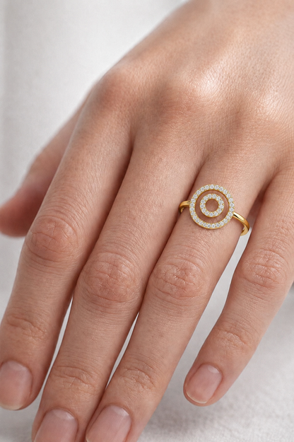 Women's Double Round Halo Diamond Ring, Minimalist Circle Statement Jewelry