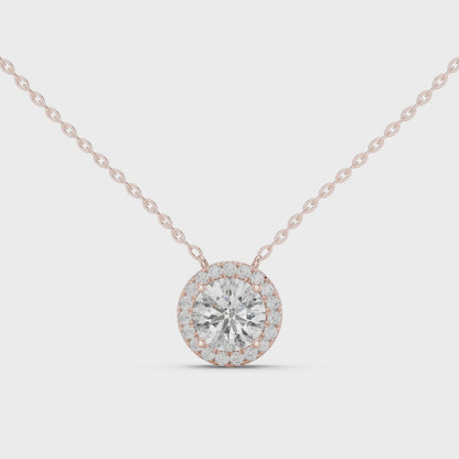 Classic Halo Diamond Pendant Necklace in Rose Gold Finish